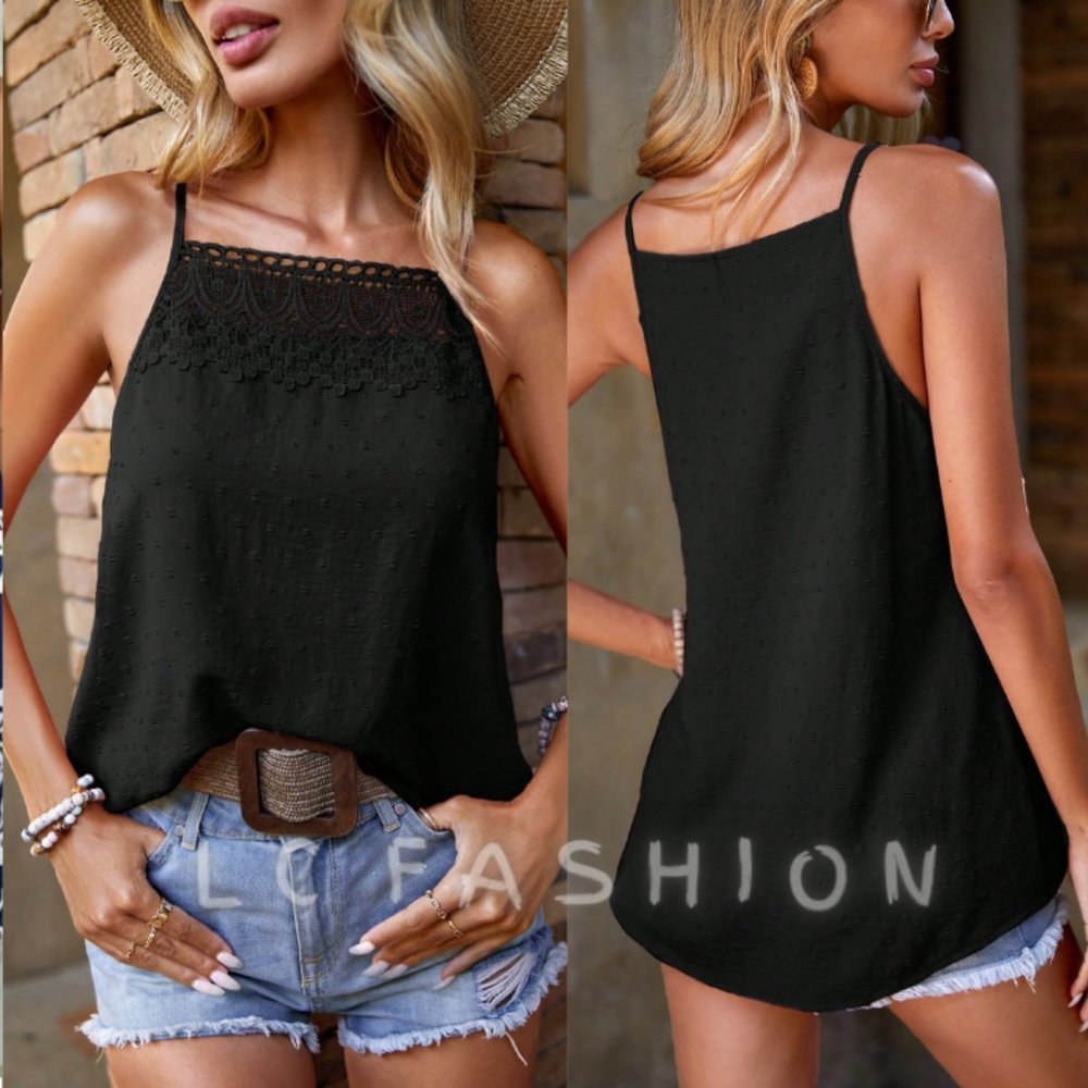 Sleeveless Lace Cami Top, Swiss Dot Contrast Lace Cami Top, Summer top